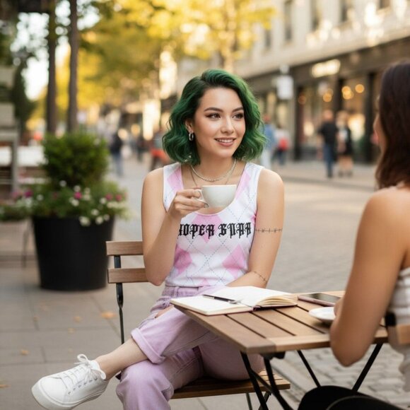 Pink & White Argyle Crop Tank Top Sleeveless Knit Diamond Pattern Streetwear L - Picture 1 of 4